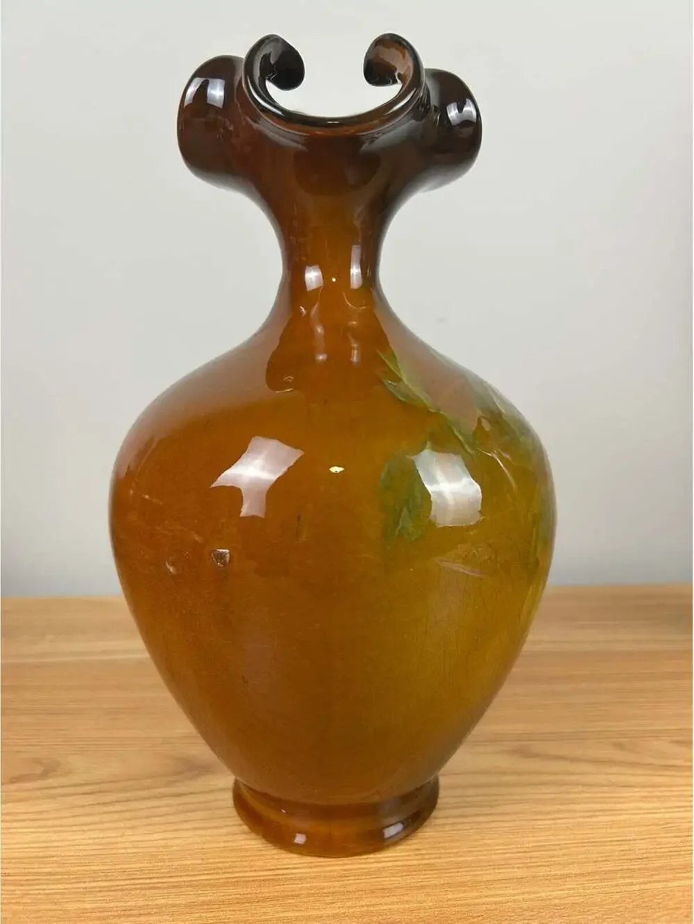 J.B. Owens Utopian 1054 Art Pottery Ewer with Ruffled Rim Orange Flowers